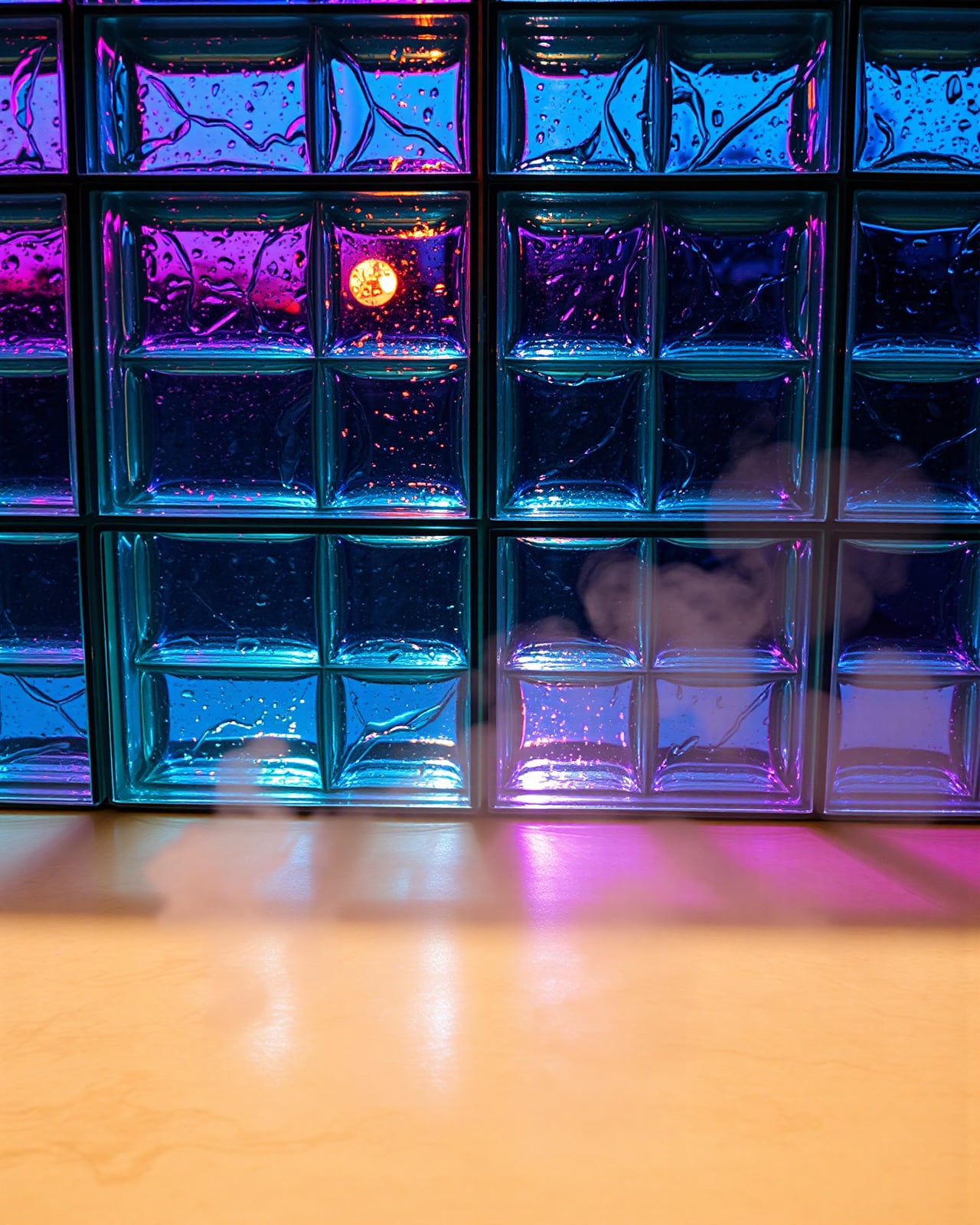 A backlit glass-block wall beaded with steam condensation, glowing blue, violet and amber, warm light spilling onto the pale limestone bench below.