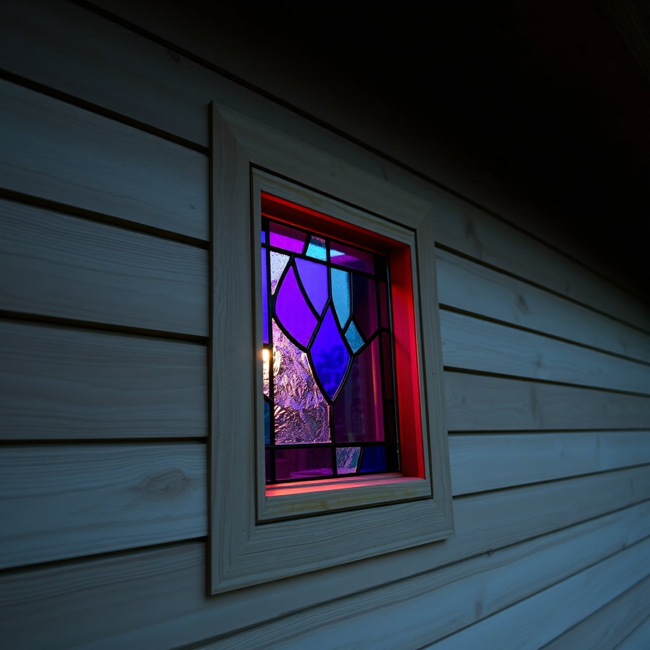 An exterior dusk detail — a small leaded stained-glass window in purple, blue and red, set in pale thermo-aspen clapboard and lit warmly from inside.