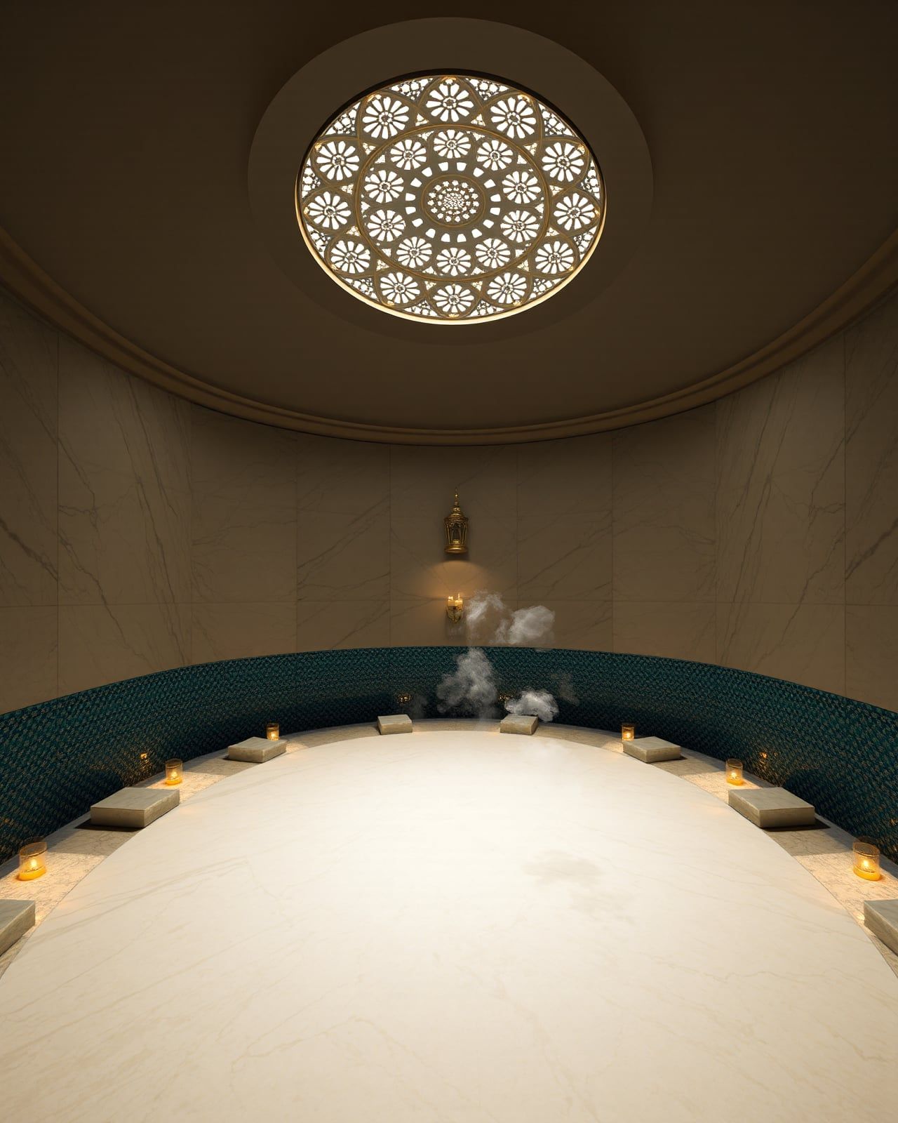 A Carrara marble göbek taşı under a five-centered dome on the 38th floor of a pre-war Manhattan tower, brass star skylight scattering candlelight across jewel-teal mosaic banding